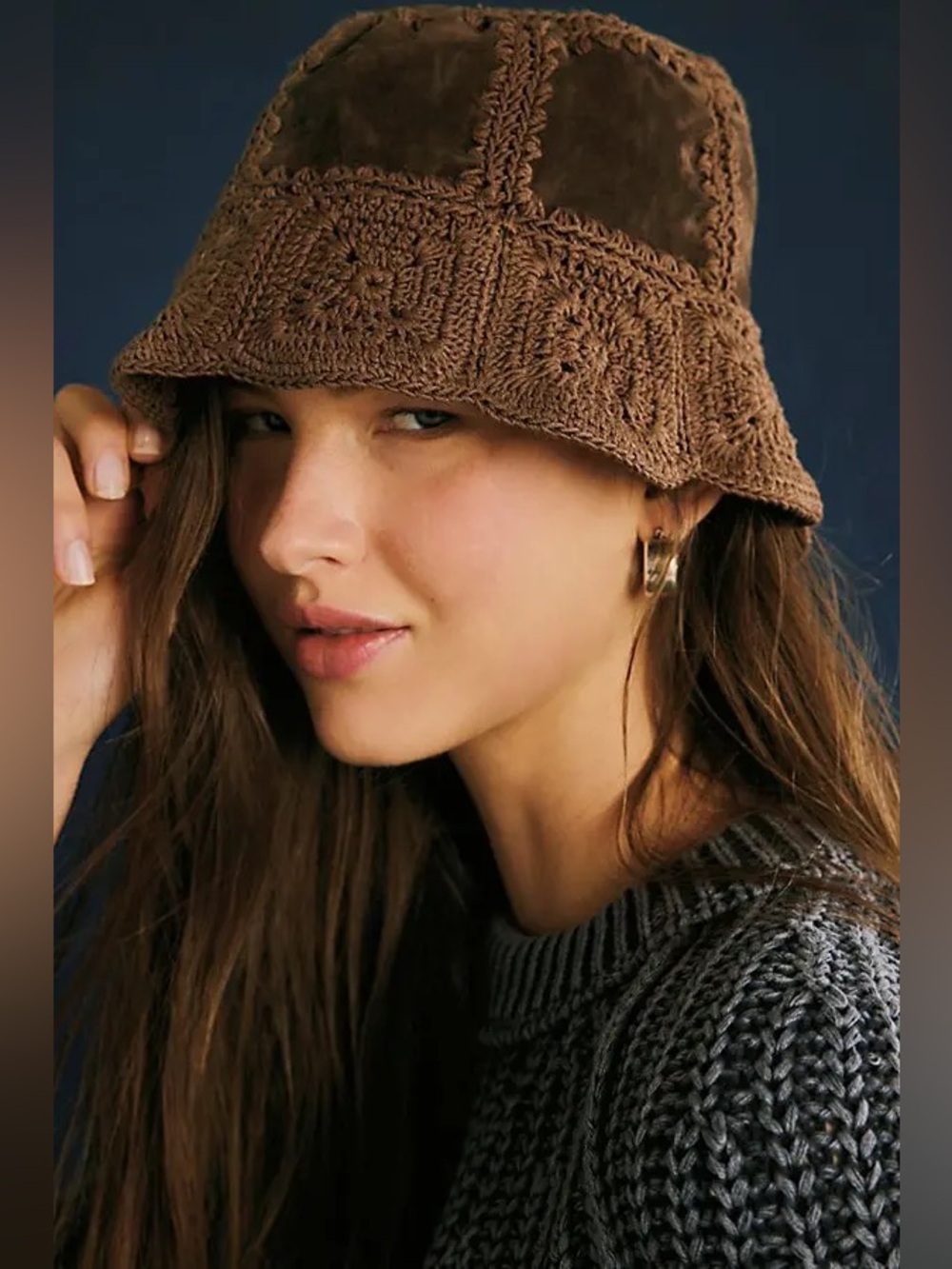 NWT new free people Cameron suede bucket hat crochet brown